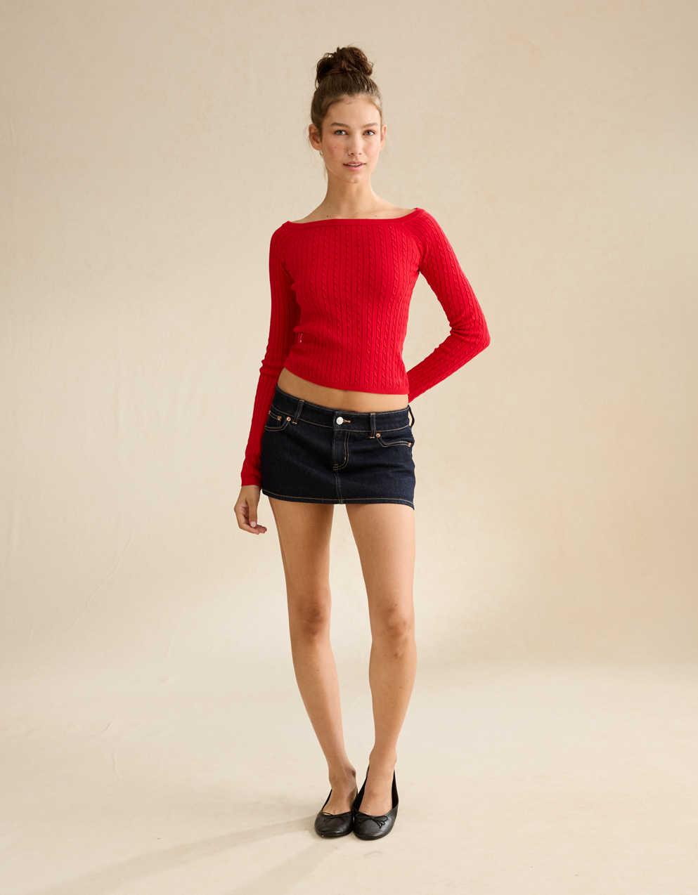 AE Fitted Off-the-Shoulder Cable Knit Sweater