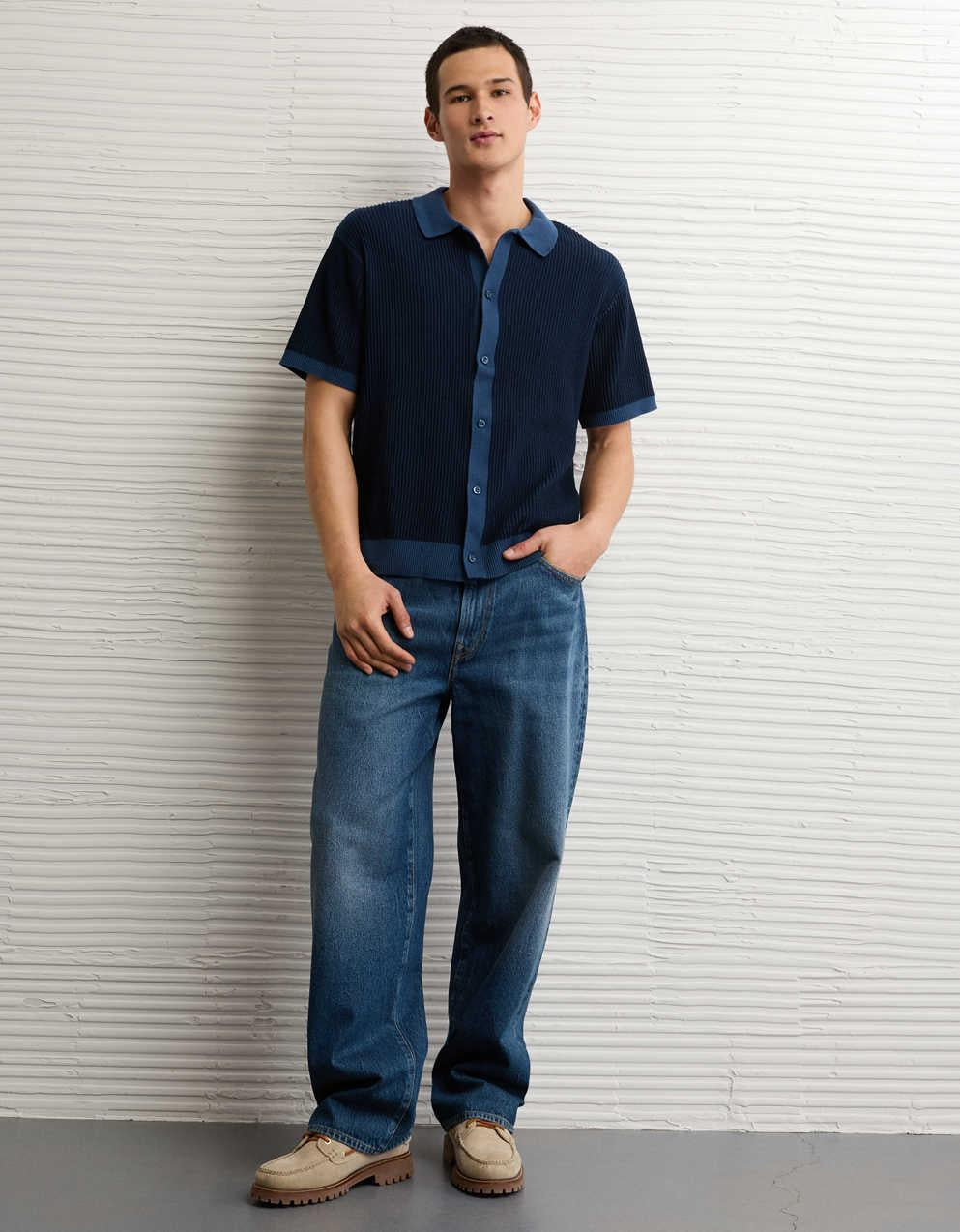 AE Striped Button-Up Sweater Polo
