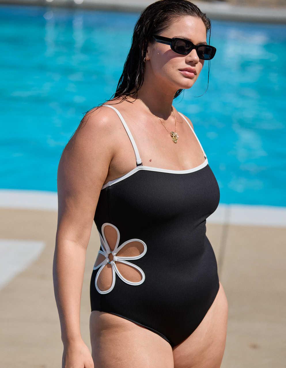 Aerie Daisy Bandeau Full Coverage Ribbed One Piece Swimsuit