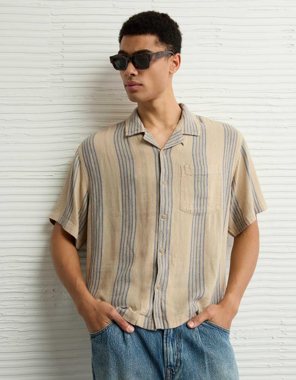 AE Poolside Linen-Blend Striped Button-Up Shirt