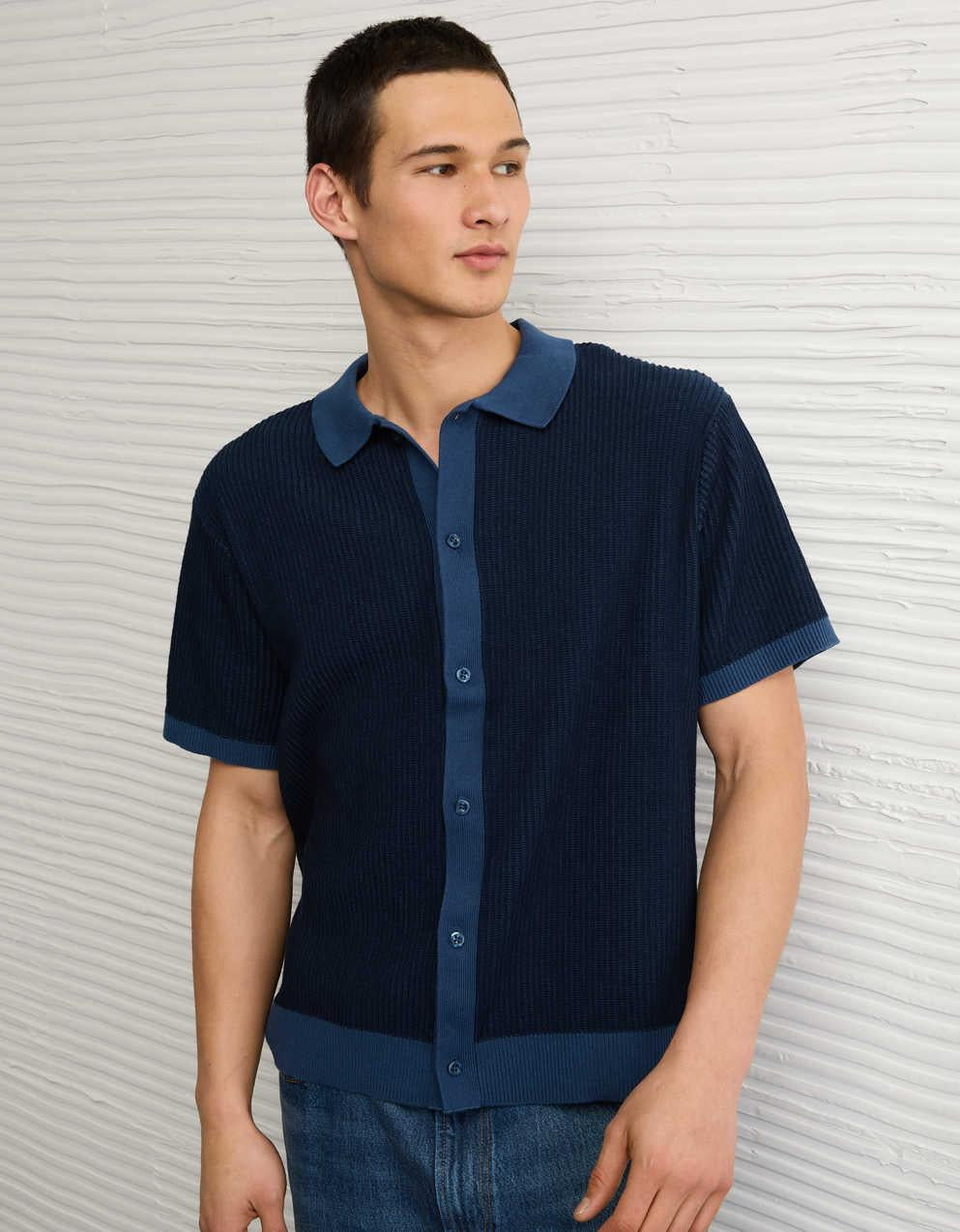 AE Striped Button-Up Sweater Polo