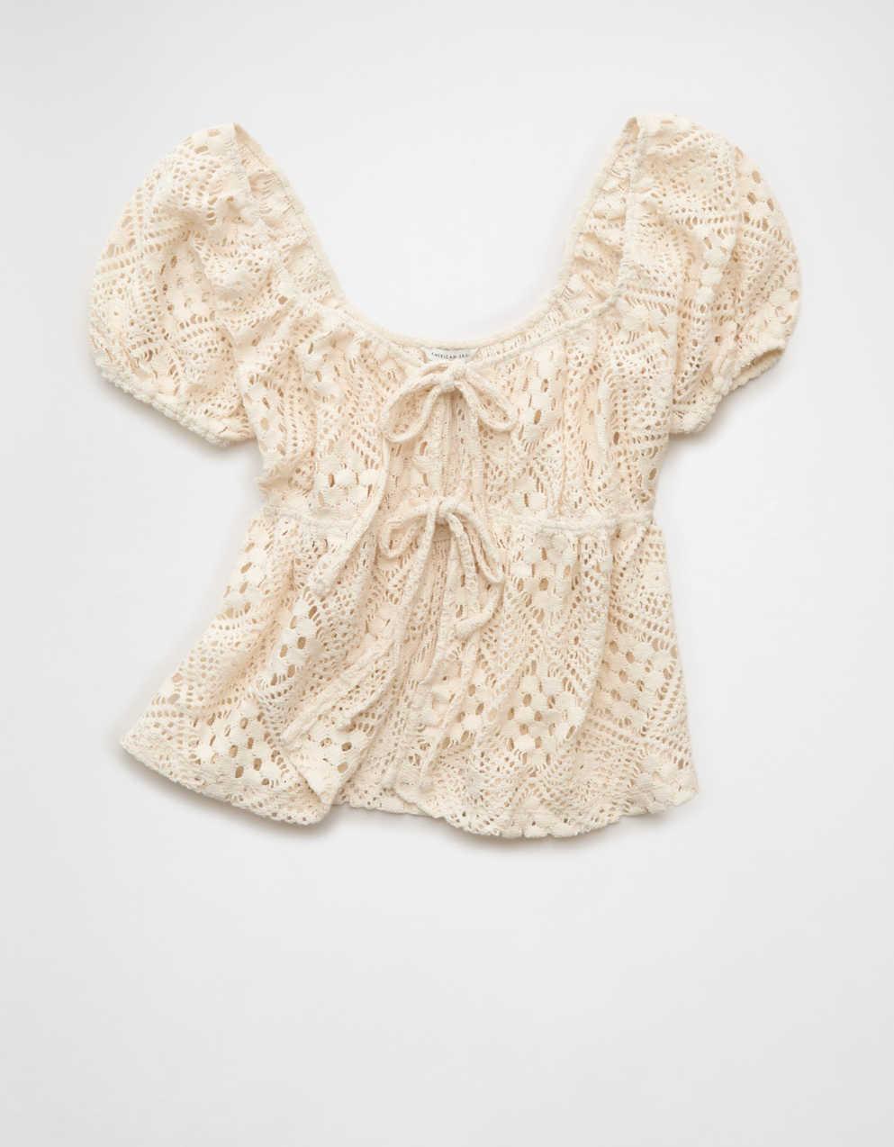 AE Lace Tie-Front Puff Sleeve Tee