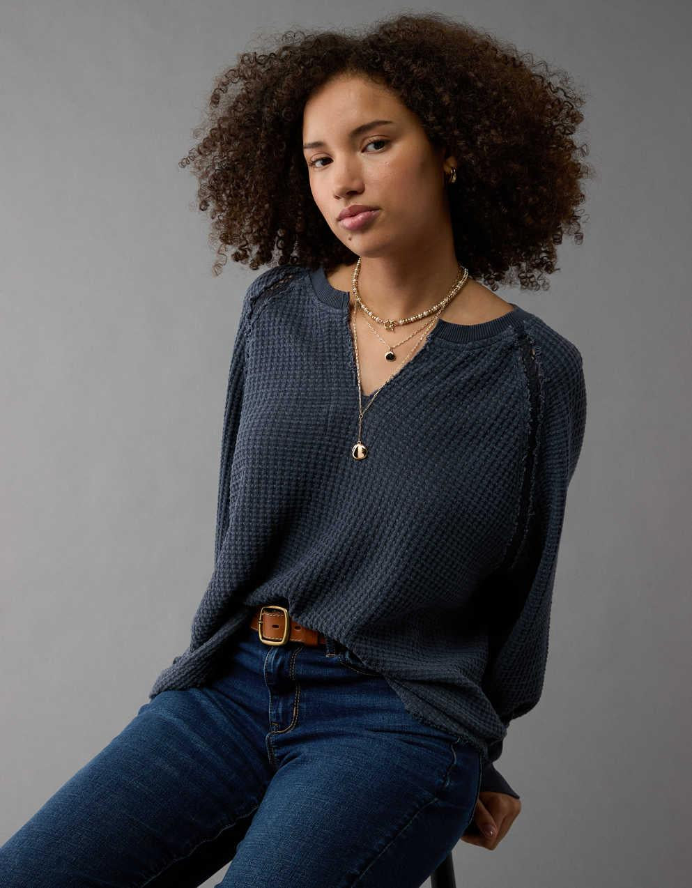 AE Big Hug Notch Neck Waffle Sweatshirt