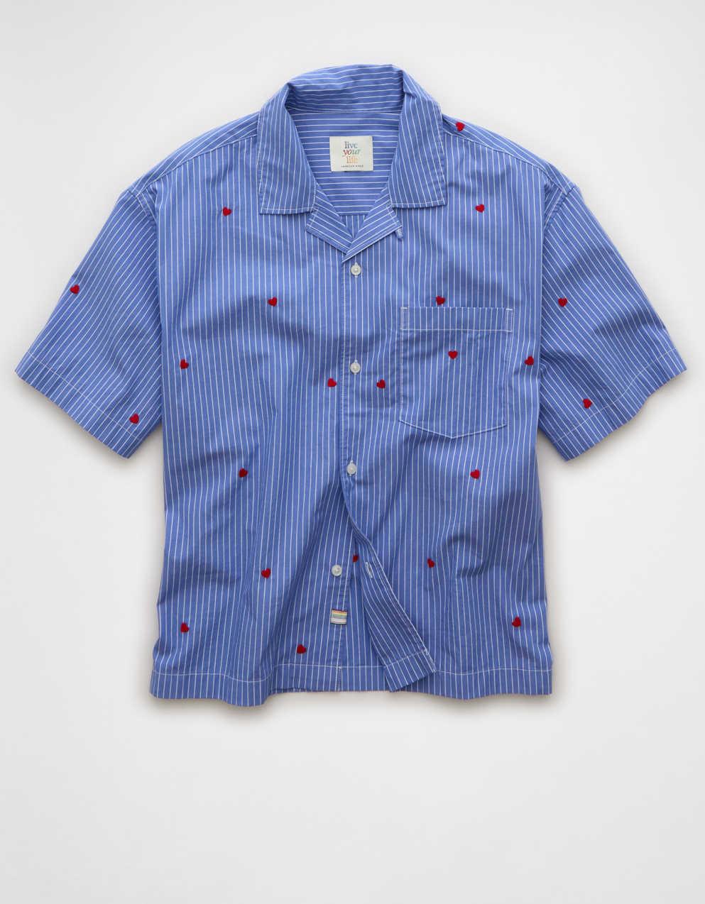 AE Pride Poolside Embroidered Striped Button-Up Shirt