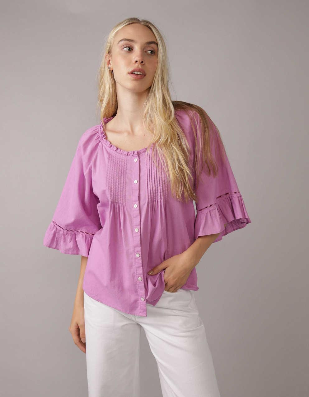 AE Linen-Blend Ruffle Blouse