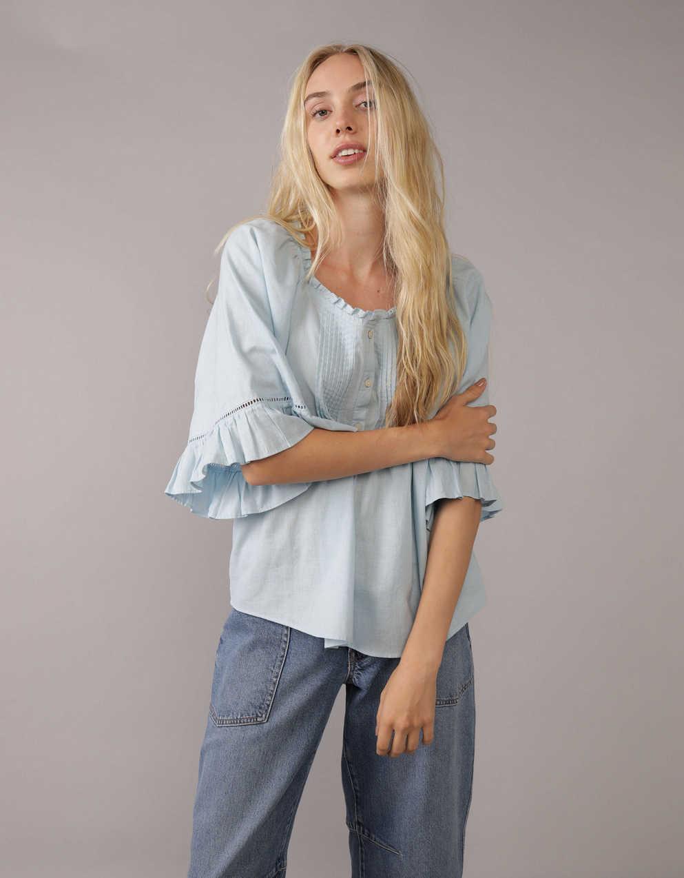 AE Linen-Blend Ruffle Blouse