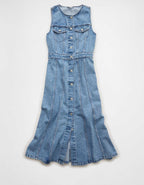 AE Button-Up Denim Midi Dress