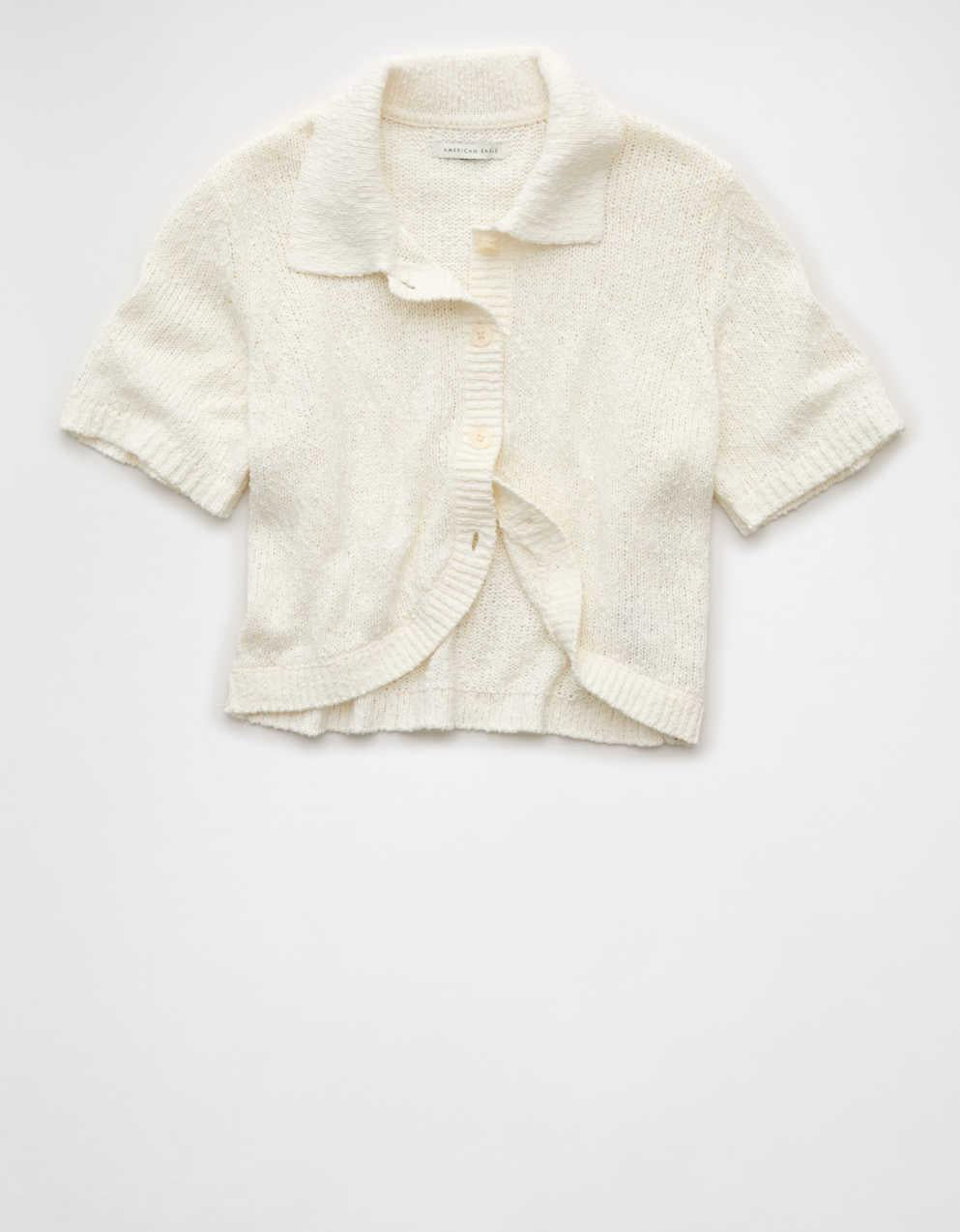 AE Short-Sleeve Collared Button-Up Cardigan