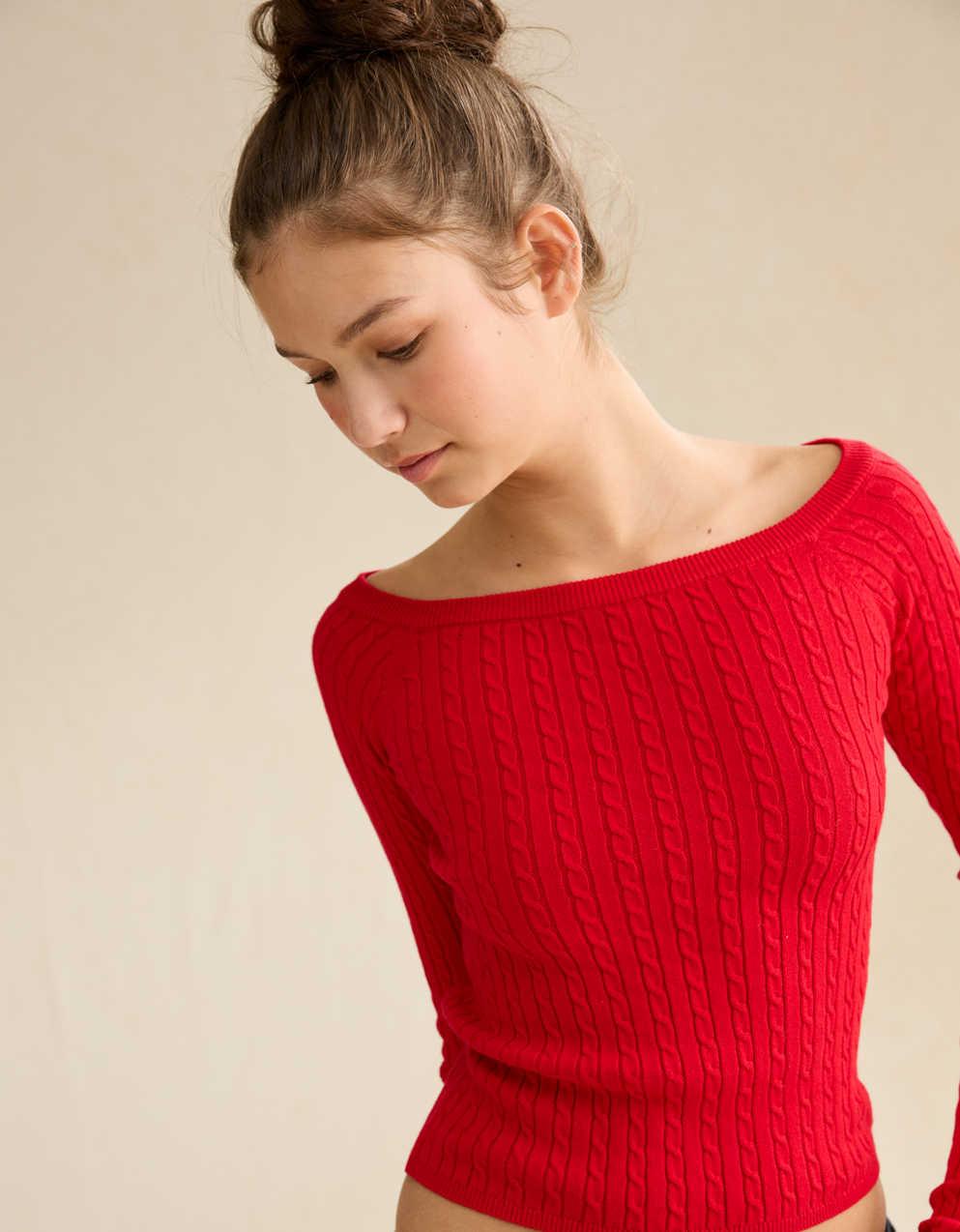 AE Fitted Off-the-Shoulder Cable Knit Sweater