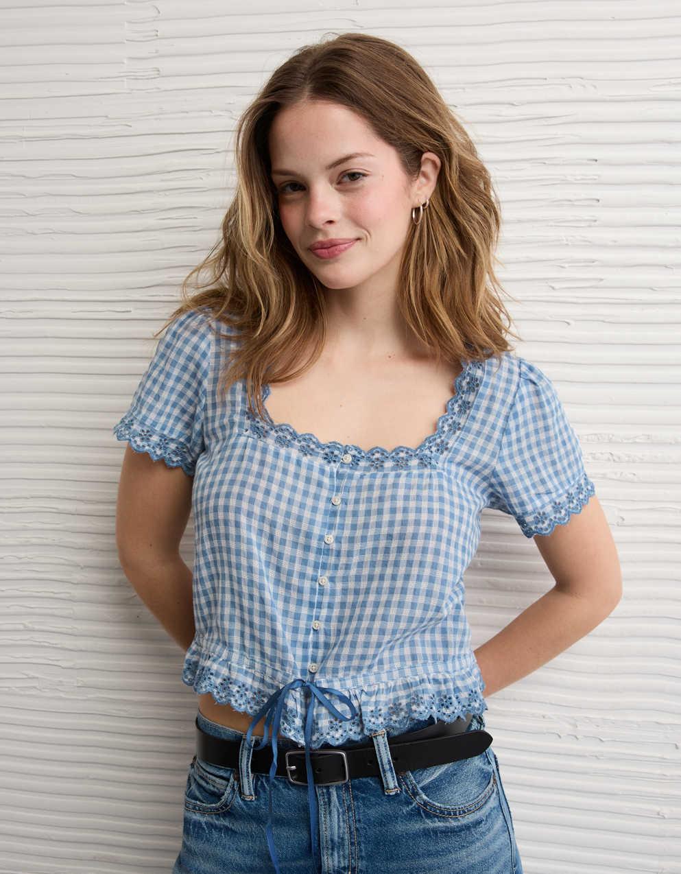 AE Short-Sleeve Button-Up Blouse
