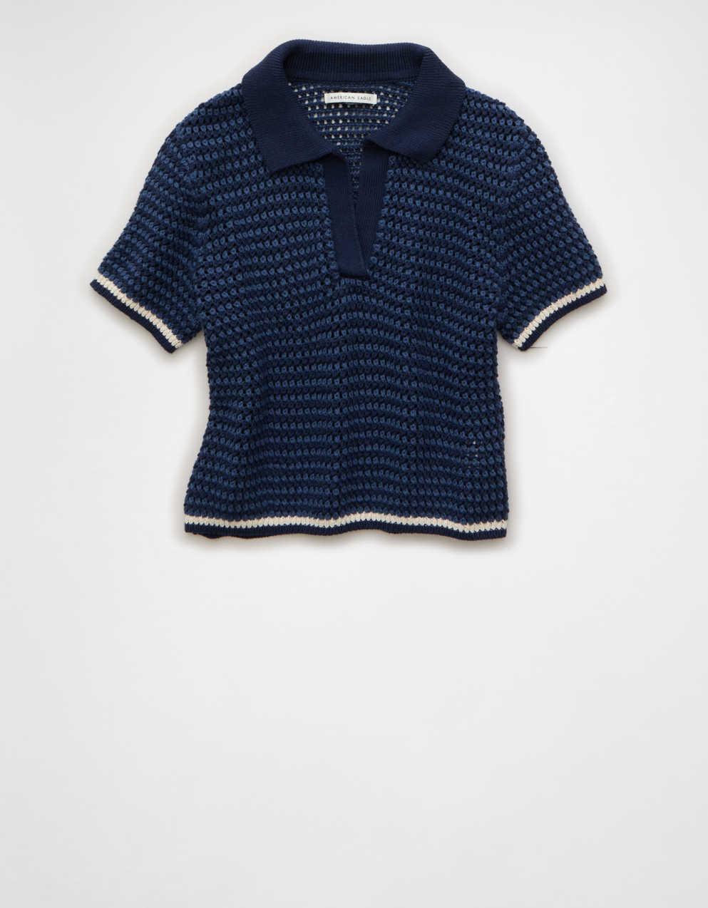 AE Cropped Crochet Sweater Polo Shirt