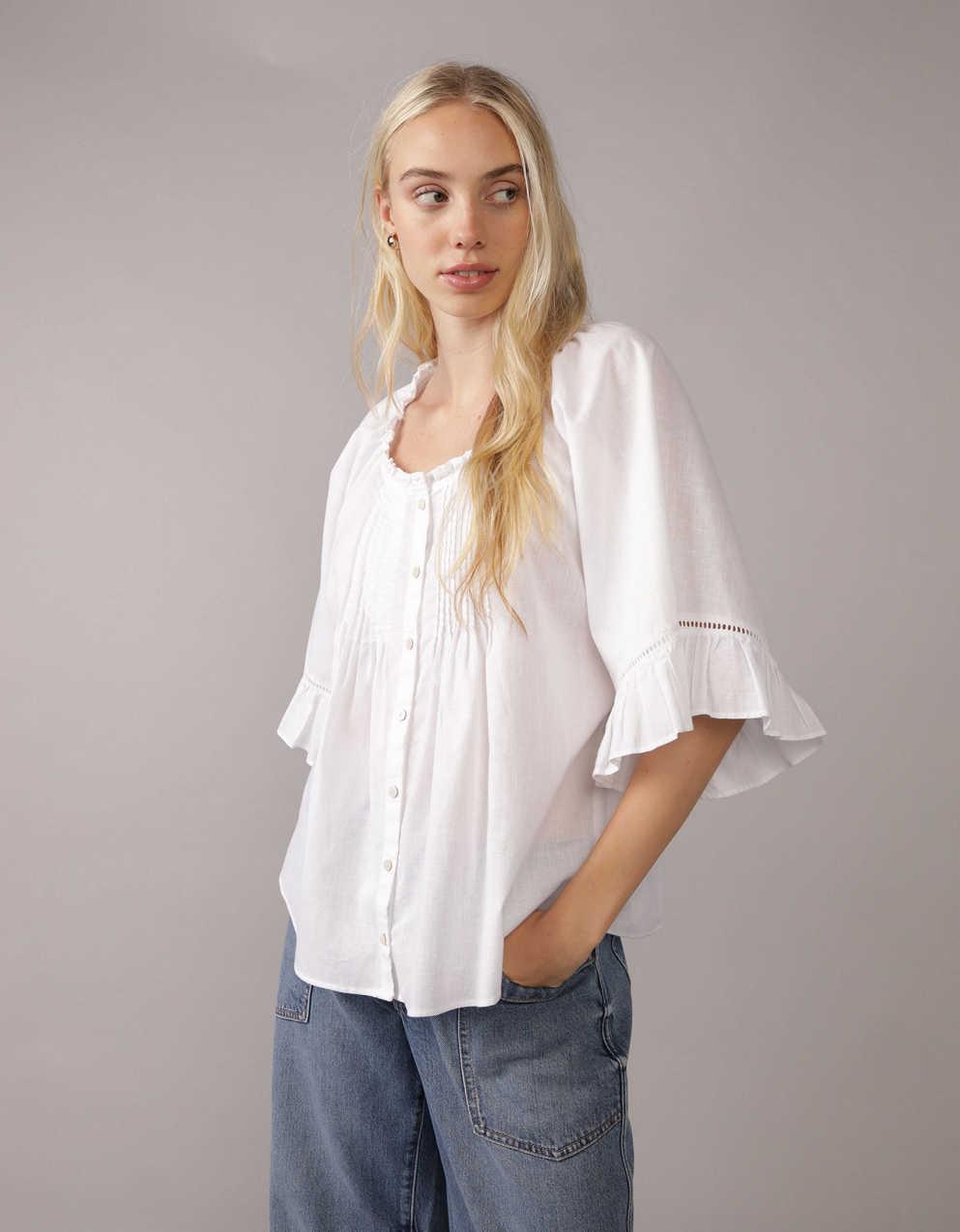 AE Linen-Blend Ruffle Blouse