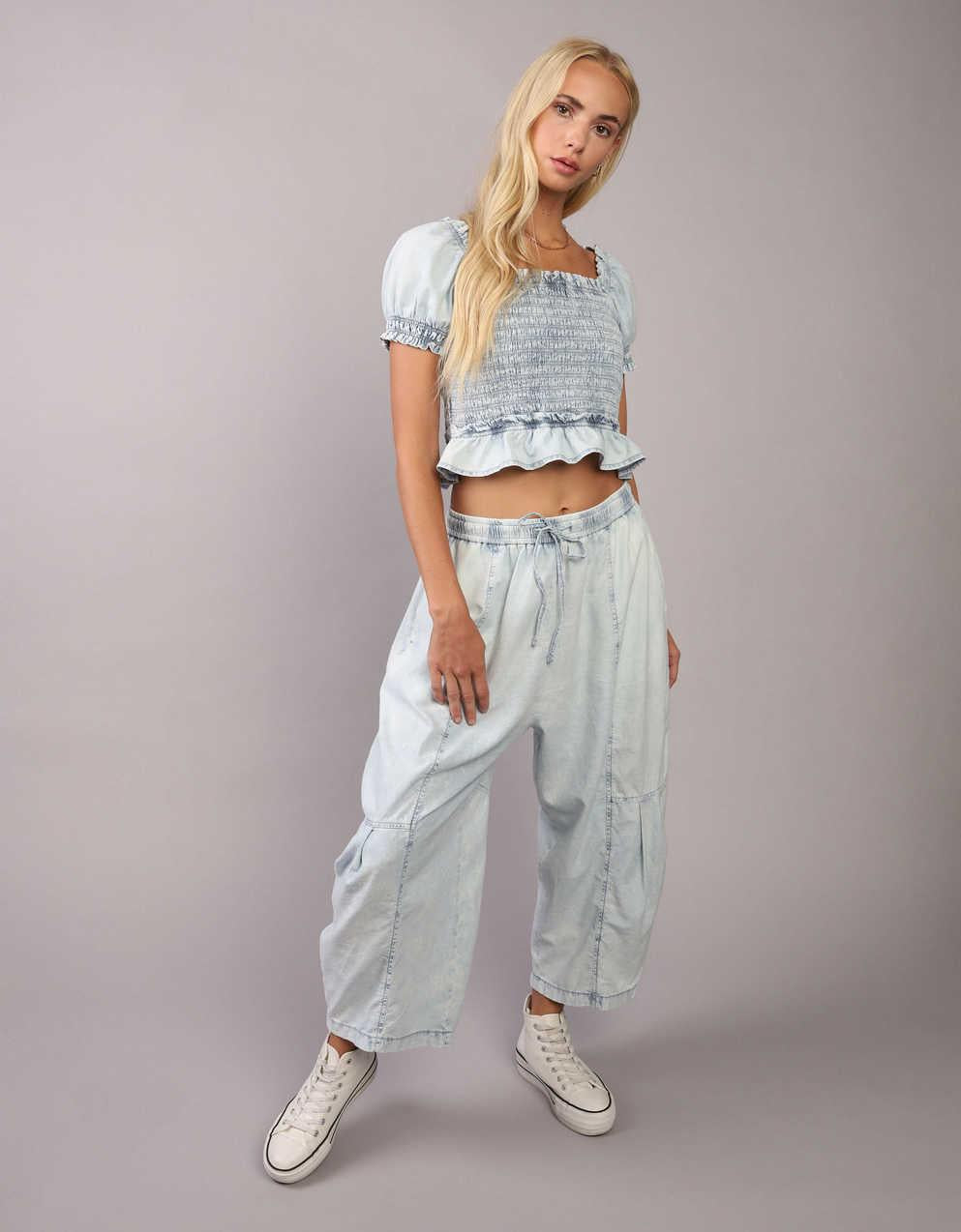 AE High Neck Puff Sleeve Smocked T-Shirt