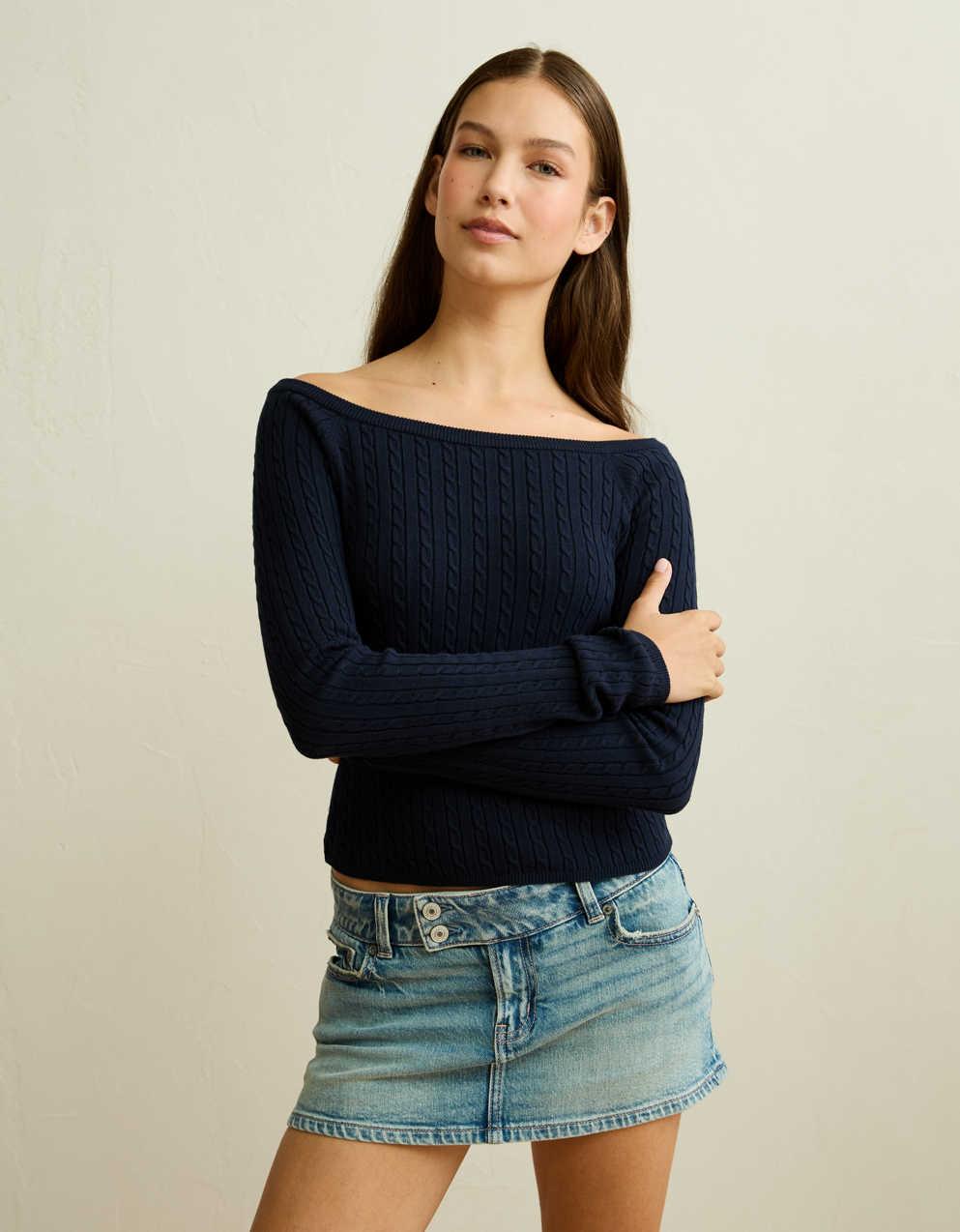 AE Fitted Off-the-Shoulder Cable Knit Sweater